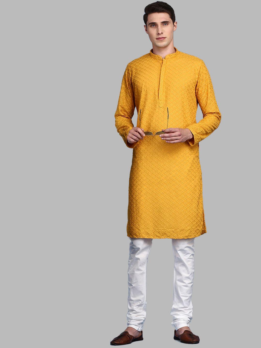 sanwara men mustard yellow ethnic motifs embroidered regular chikankari kurta with pyjamas