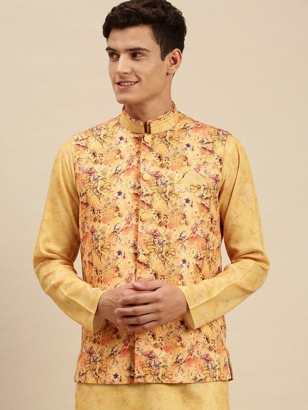sanwara men mustard yellow ethnic motifs printed kurta with pyjamas & nehru jacket