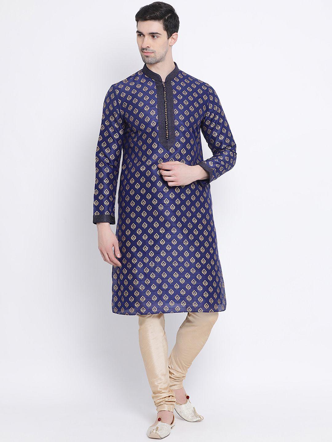 sanwara men navy blue & gold-coloured woven design straight jacquard kurta