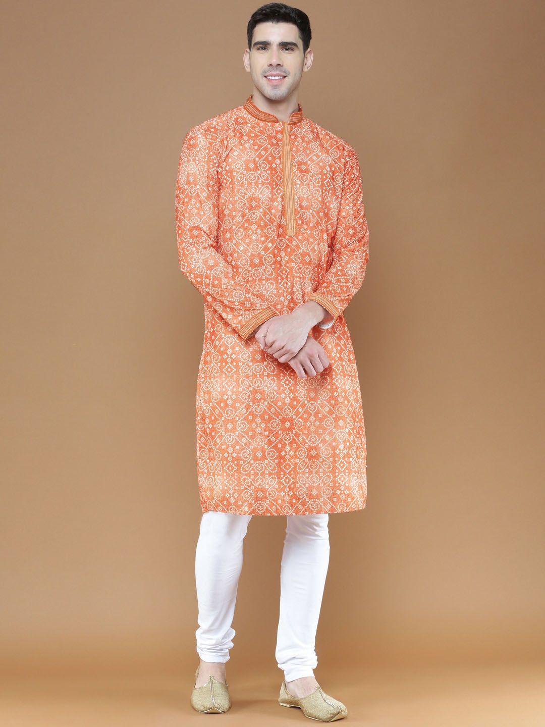 sanwara men orange bandhani printed regular chikankari kurta with pyjamas