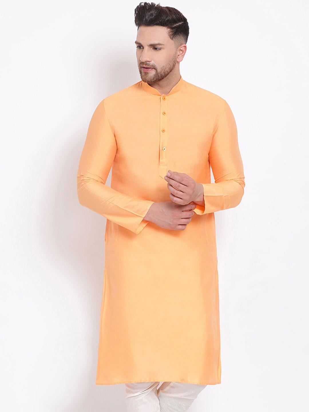 sanwara men orange mandarin collar cotton silk kurta