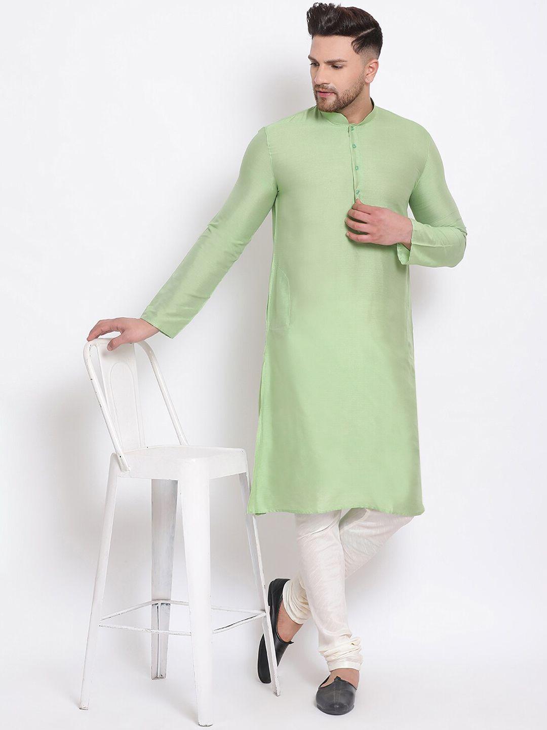 sanwara men parrot green & white solid kurta with churidar