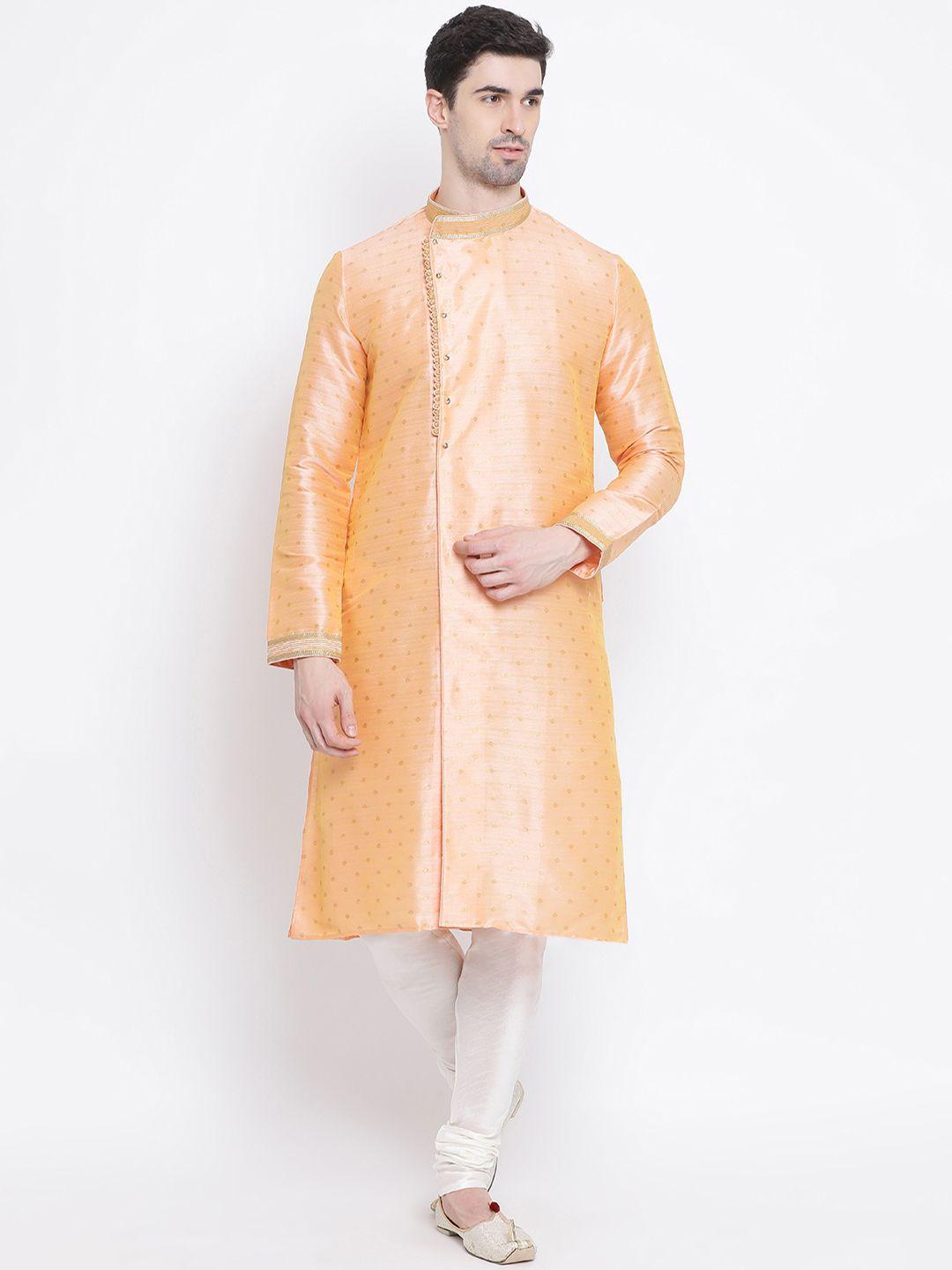 sanwara men peach-coloured & white printed pure silk kurta with churidar