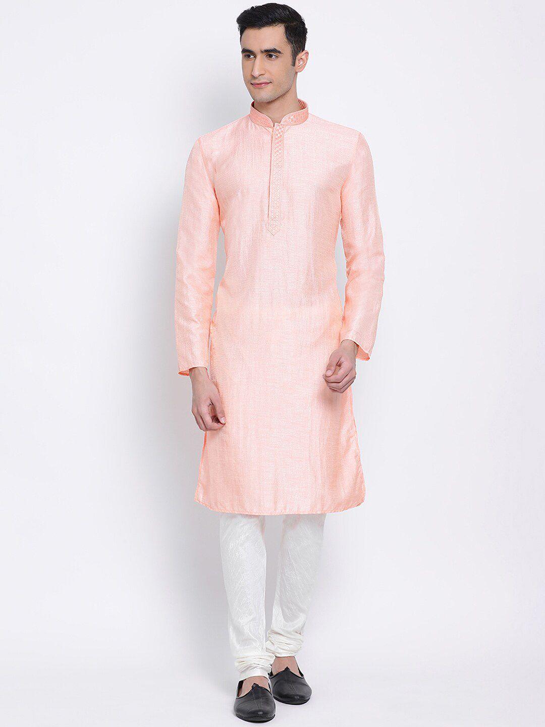 sanwara men peach-coloured & white solid kurta with churidar