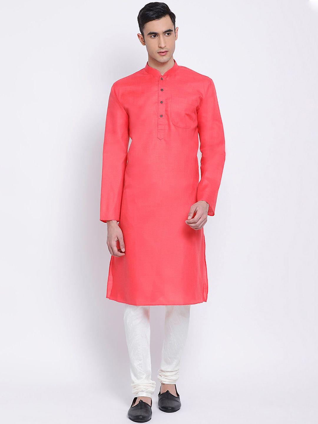 sanwara men pink & off-white solid kurta with churidar