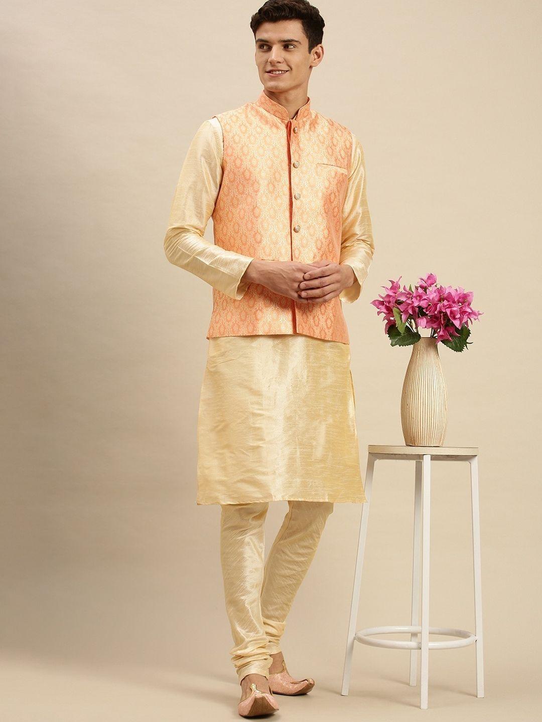 sanwara men pink printed woven nehru jackets