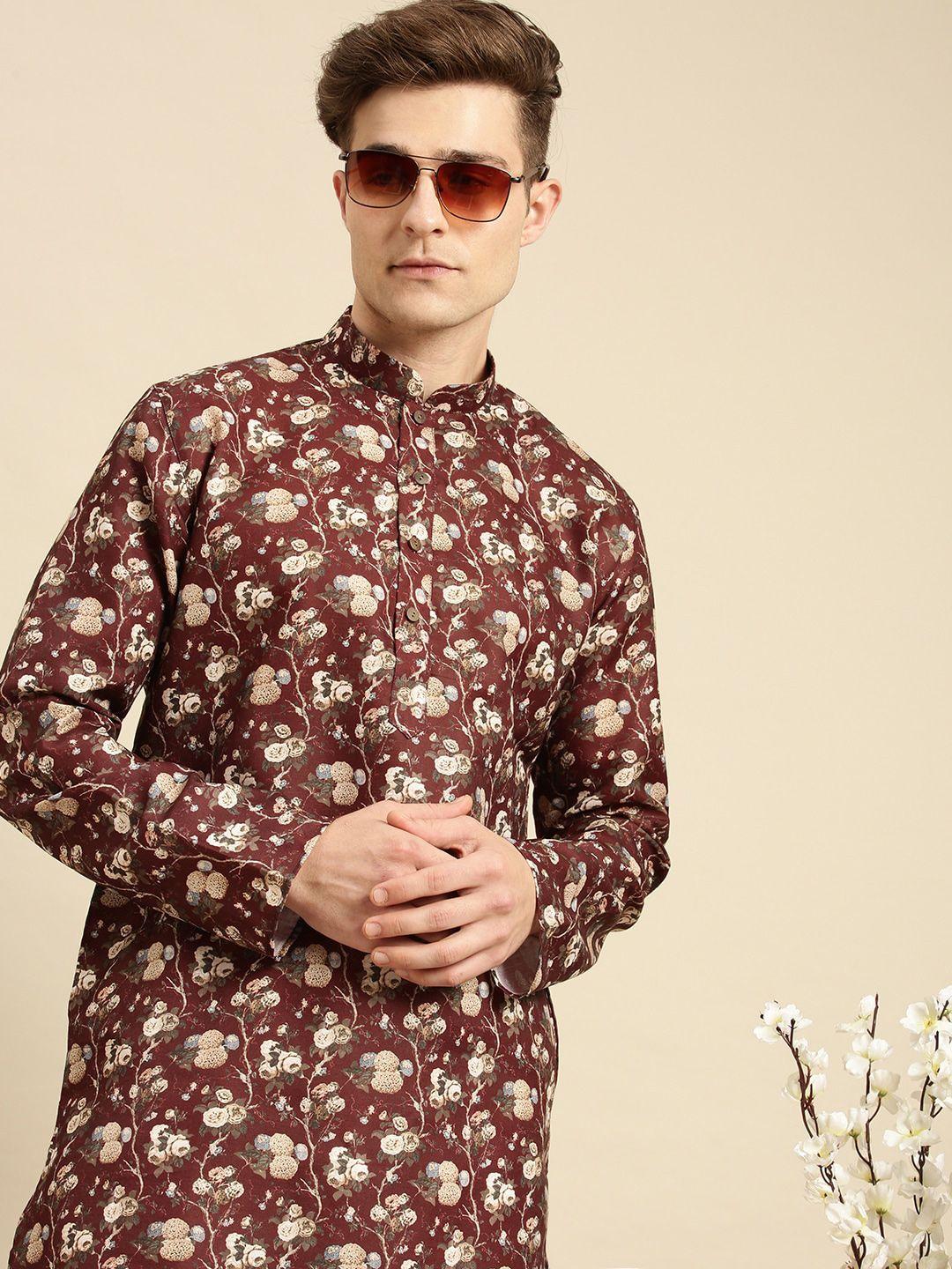 sanwara men red floral printed floral straight kurta