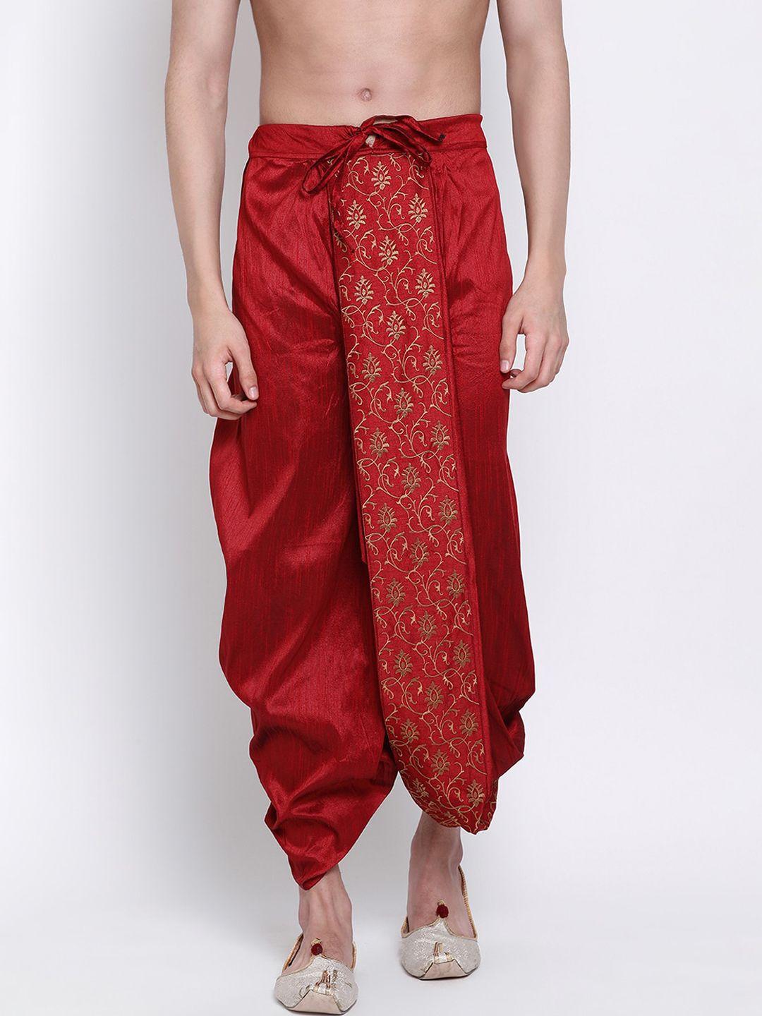 sanwara men red solid relaxed fit art silk dhoti