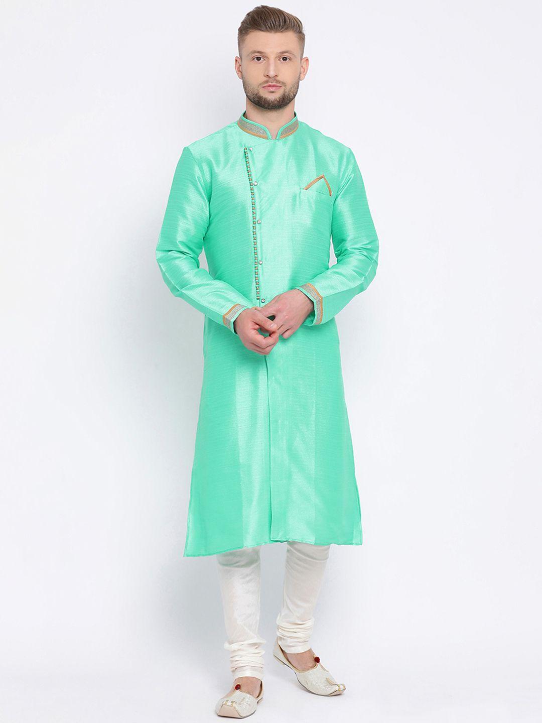 sanwara men sea green & white embroidered kurta with churidar
