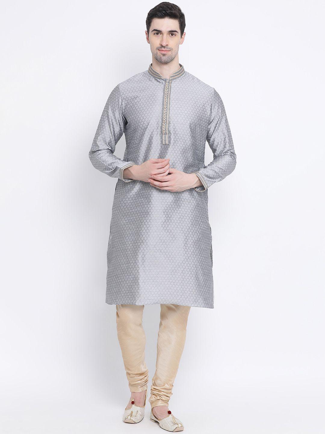 sanwara men silver-coloured  & gold-coloured self design kurta with churidar