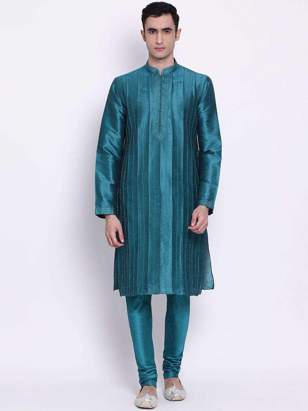 sanwara men teal striped thread work kurta