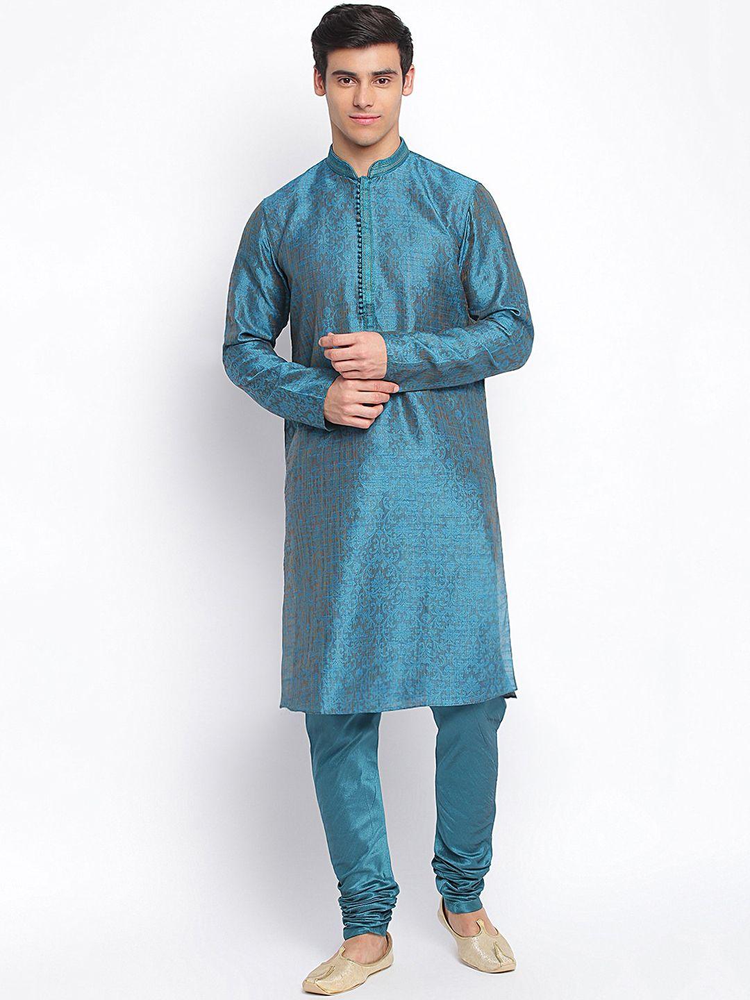 sanwara men turquoise blue embroidered regular kurta with churidar