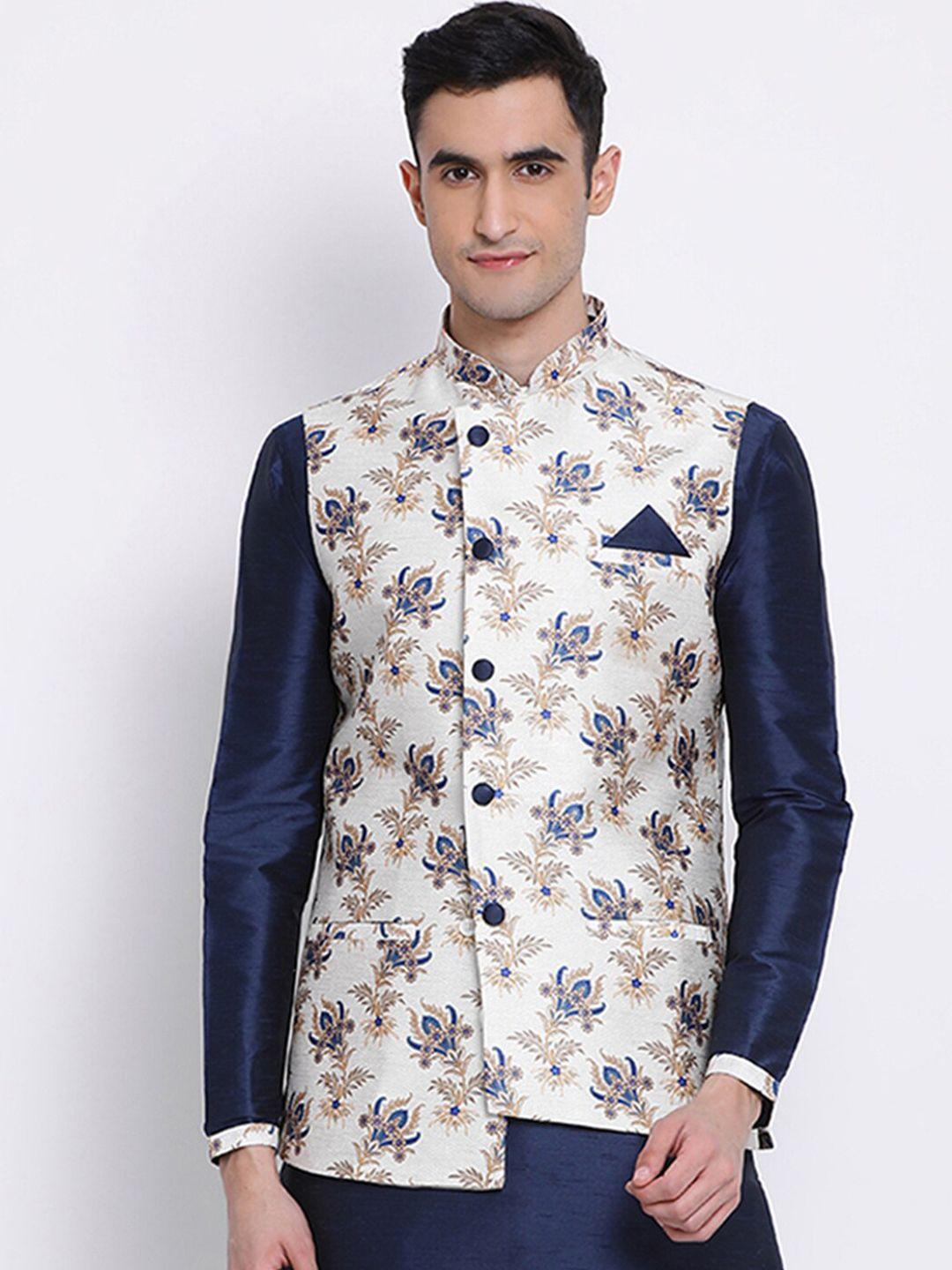 sanwara men white & beige printed woven nehru jackets