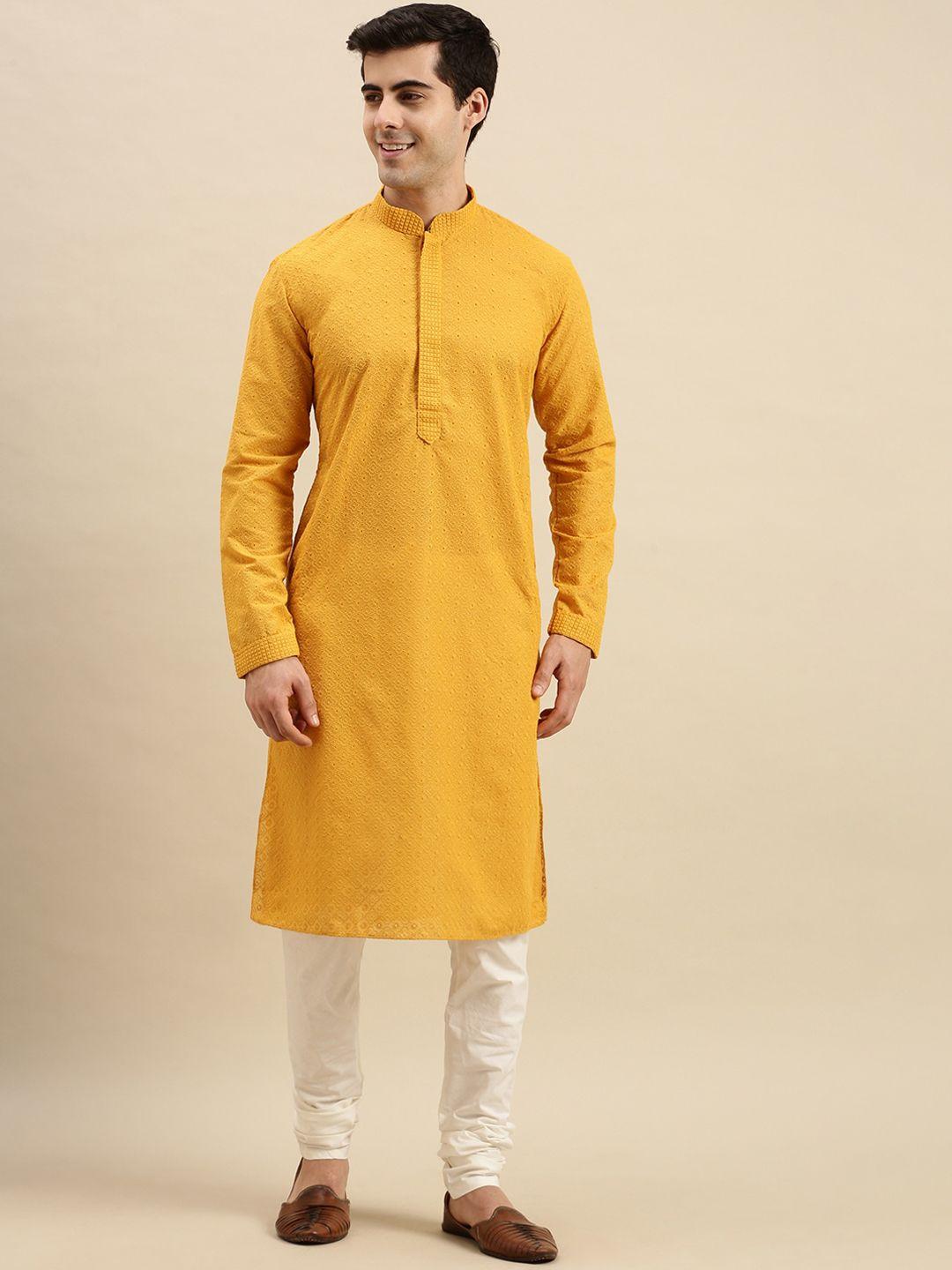 sanwara men yellow ethnic motifs embroidered chikankari pure cotton kurta with pyjamas