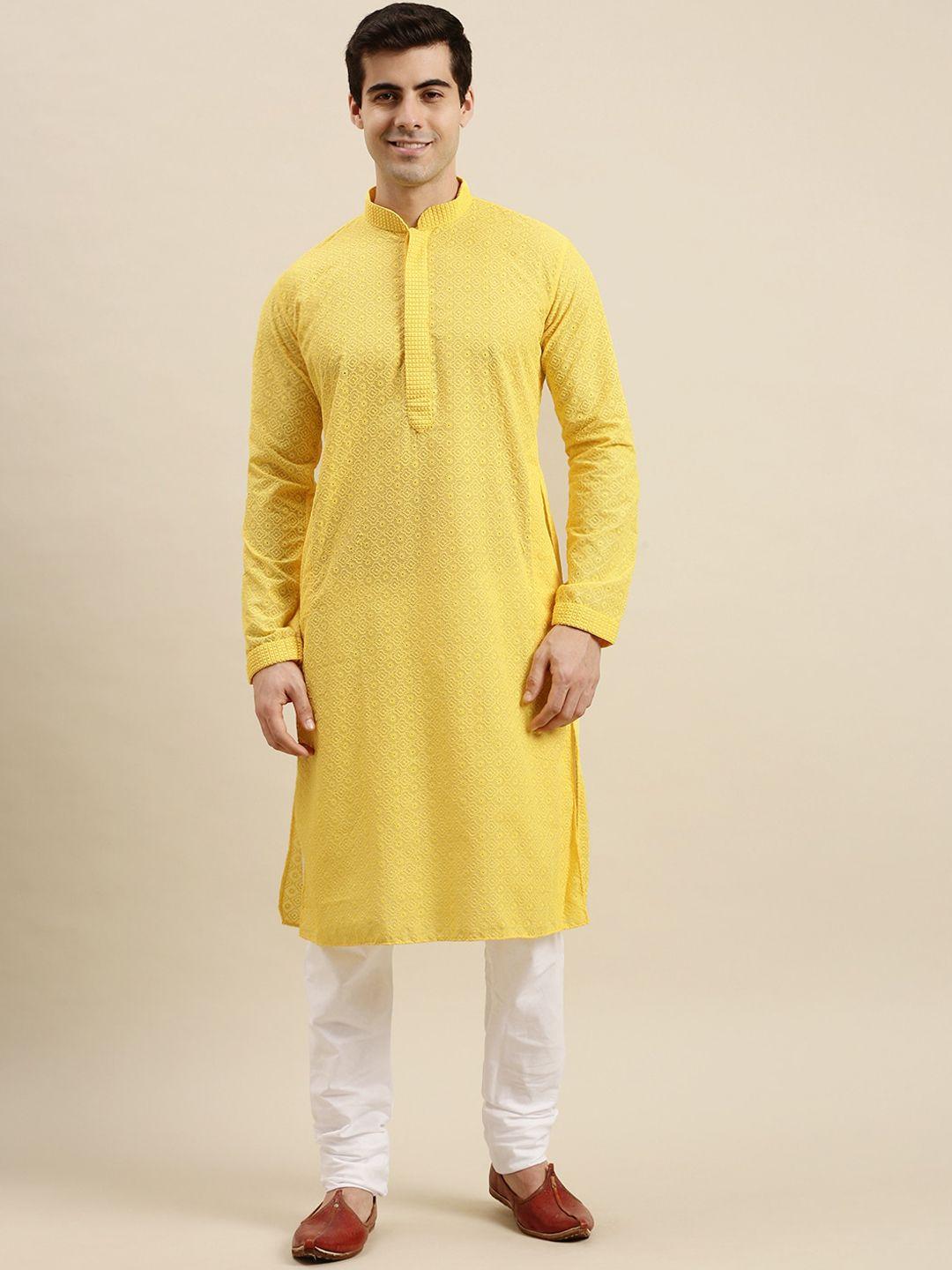 sanwara men yellow floral embroidered chikankari pure cotton kurta with churidar