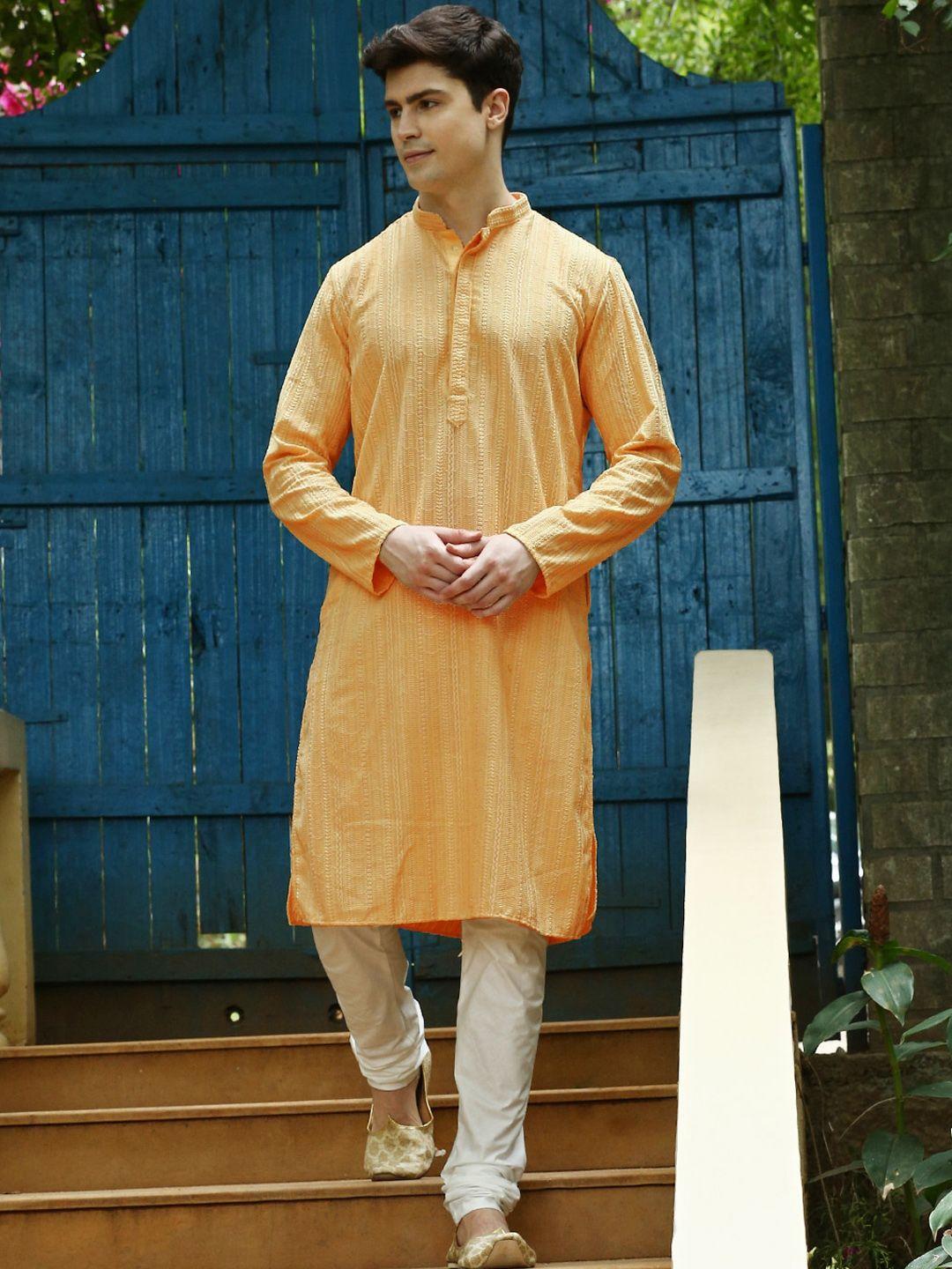 sanwara men yellow floral embroidered regular chikankari pure cotton kurta with churidar