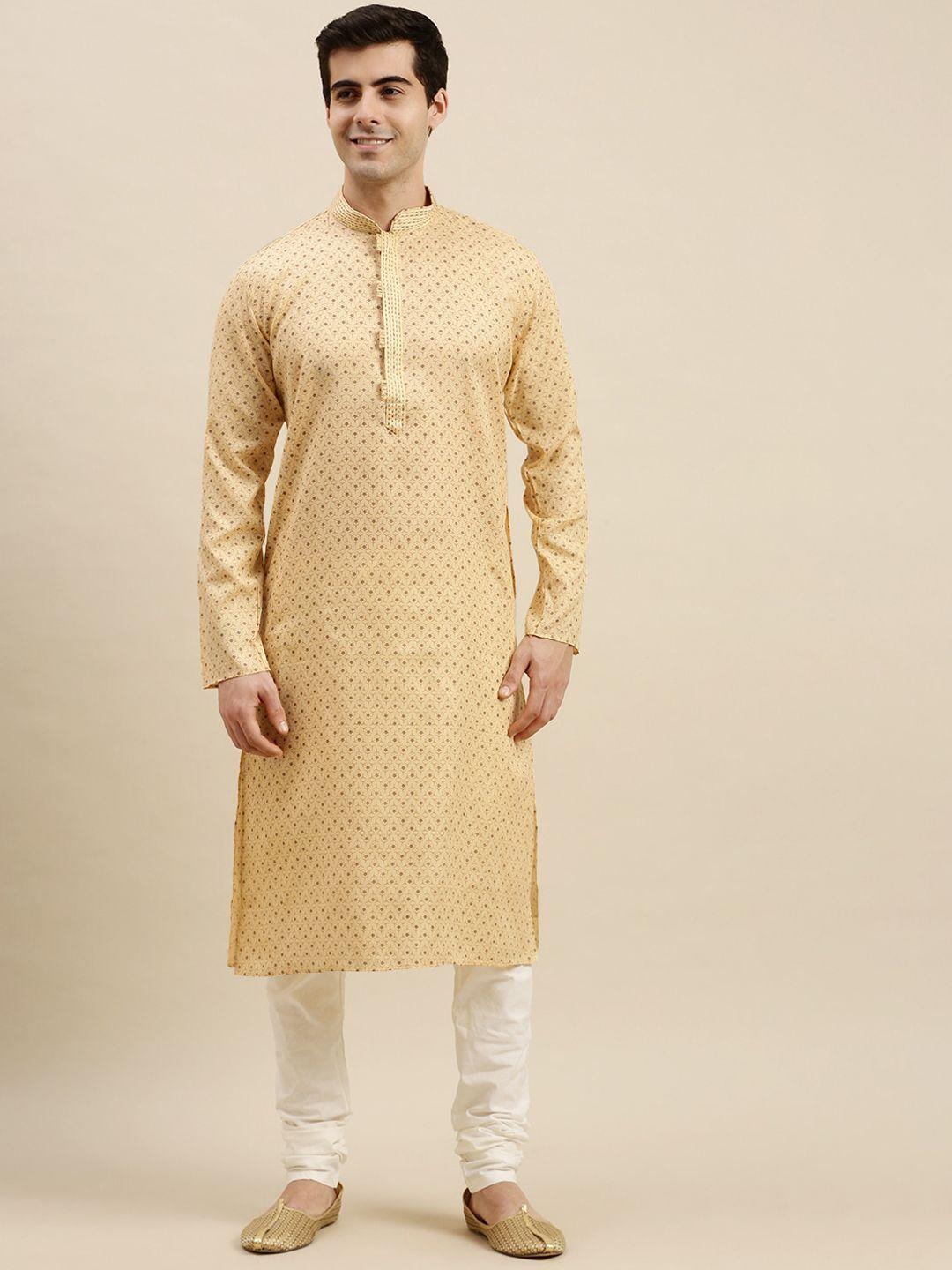 sanwara men yellow printed pure cotton kurta with pyjamas