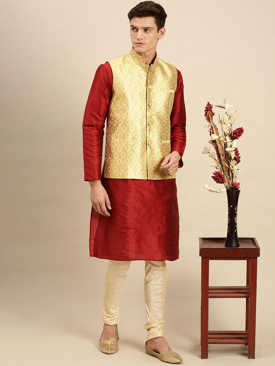 sanwara men yellow printed regular fit woven nehru jackets