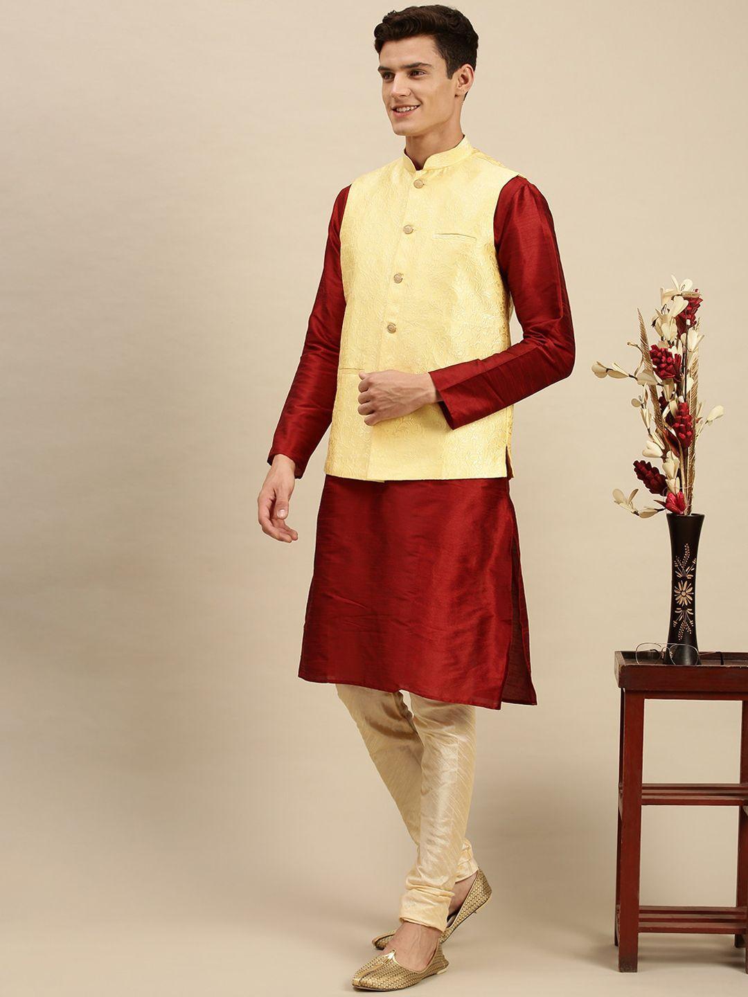 sanwara men yellow woven design nehru jackets