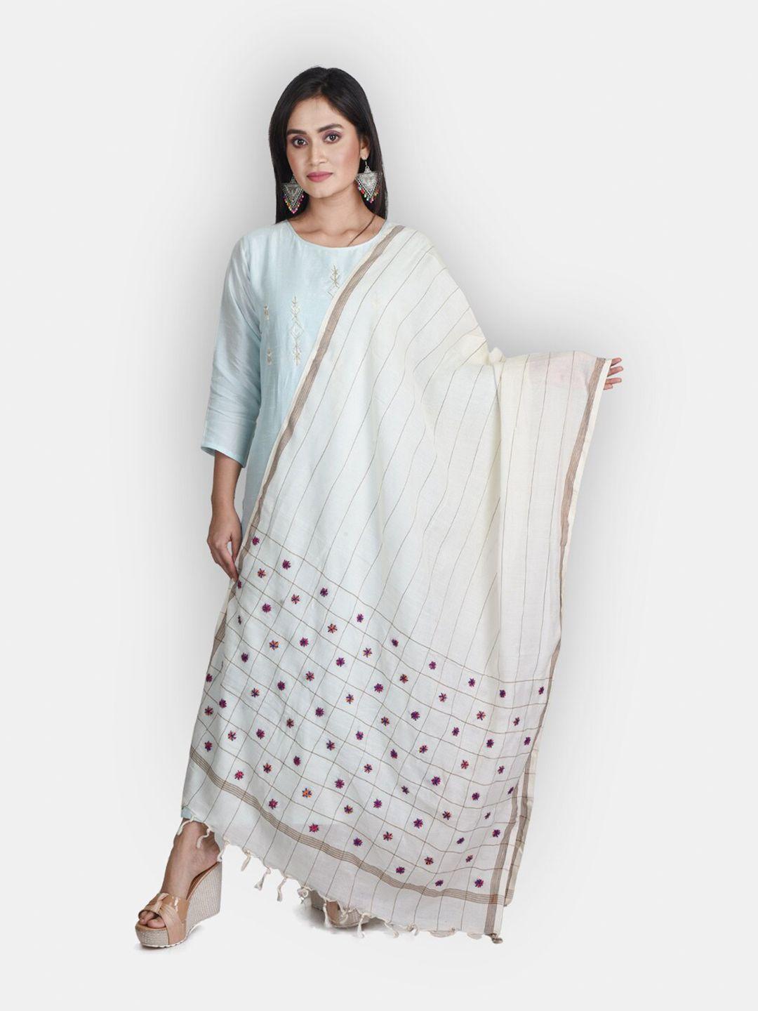 sanwara off white & blue embroidered pure cotton dupatta with thread work