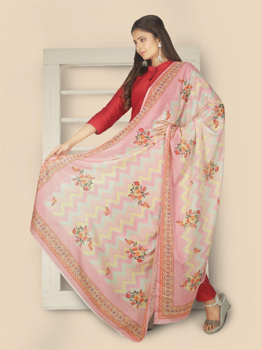 sanwara pink & green printed pure silk dupatta
