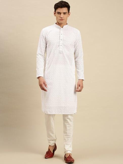 sanwara white cotton regular fit embroidered kurta sets