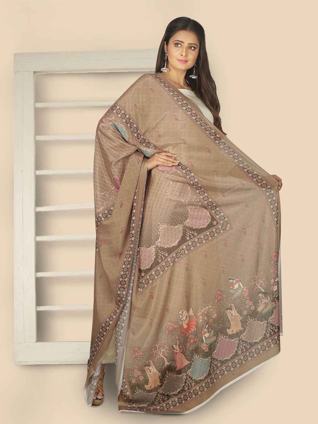 sanwara woman brown & red printed pure silk dupatta