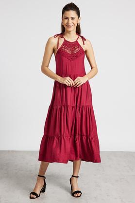 sanya malhotra solid polyester halter neck women's a line dress - red