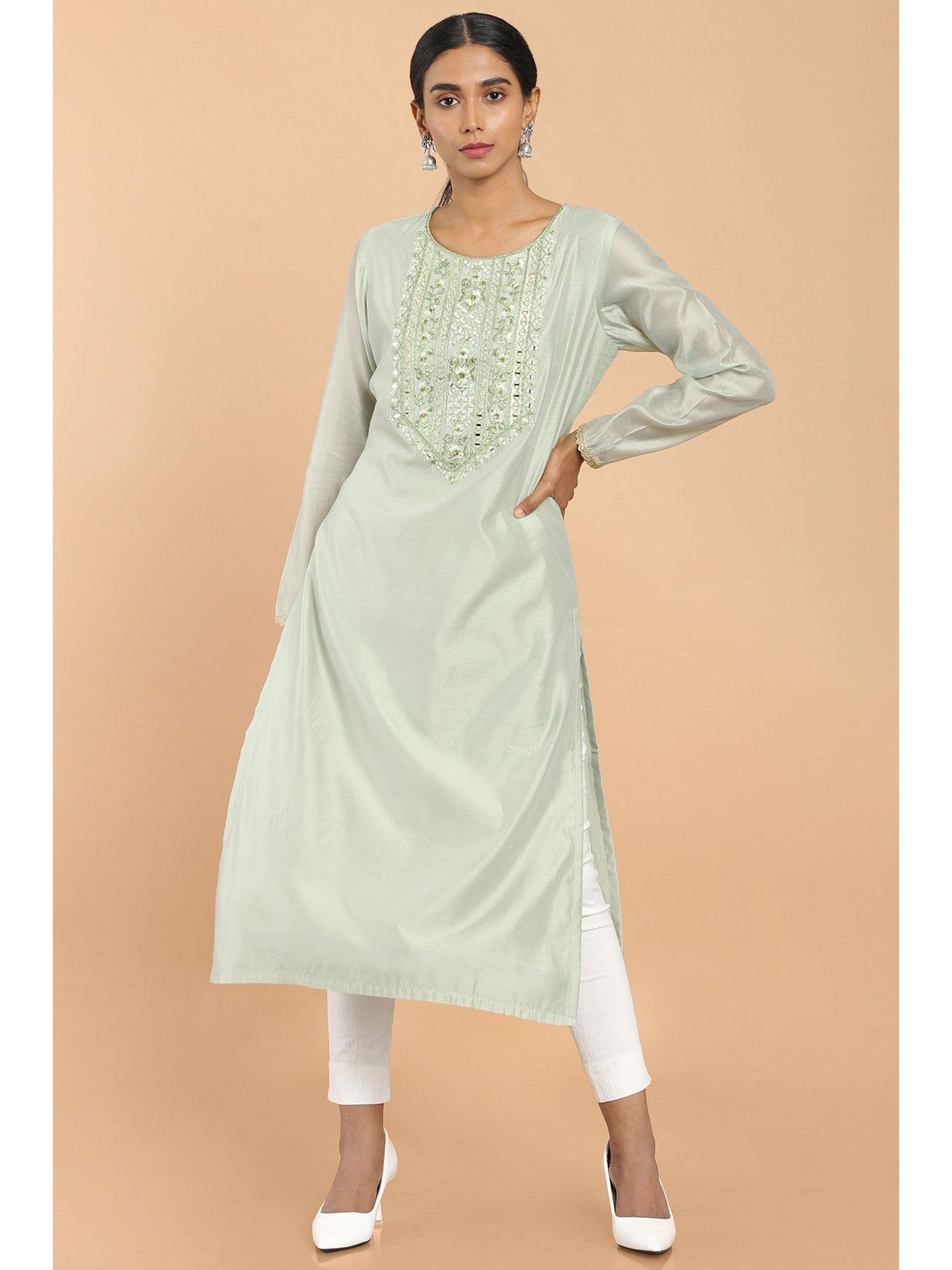 sap green chanderi solid straight fit kurta