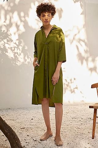 sap green cotton poplin embroidered box pleated dress