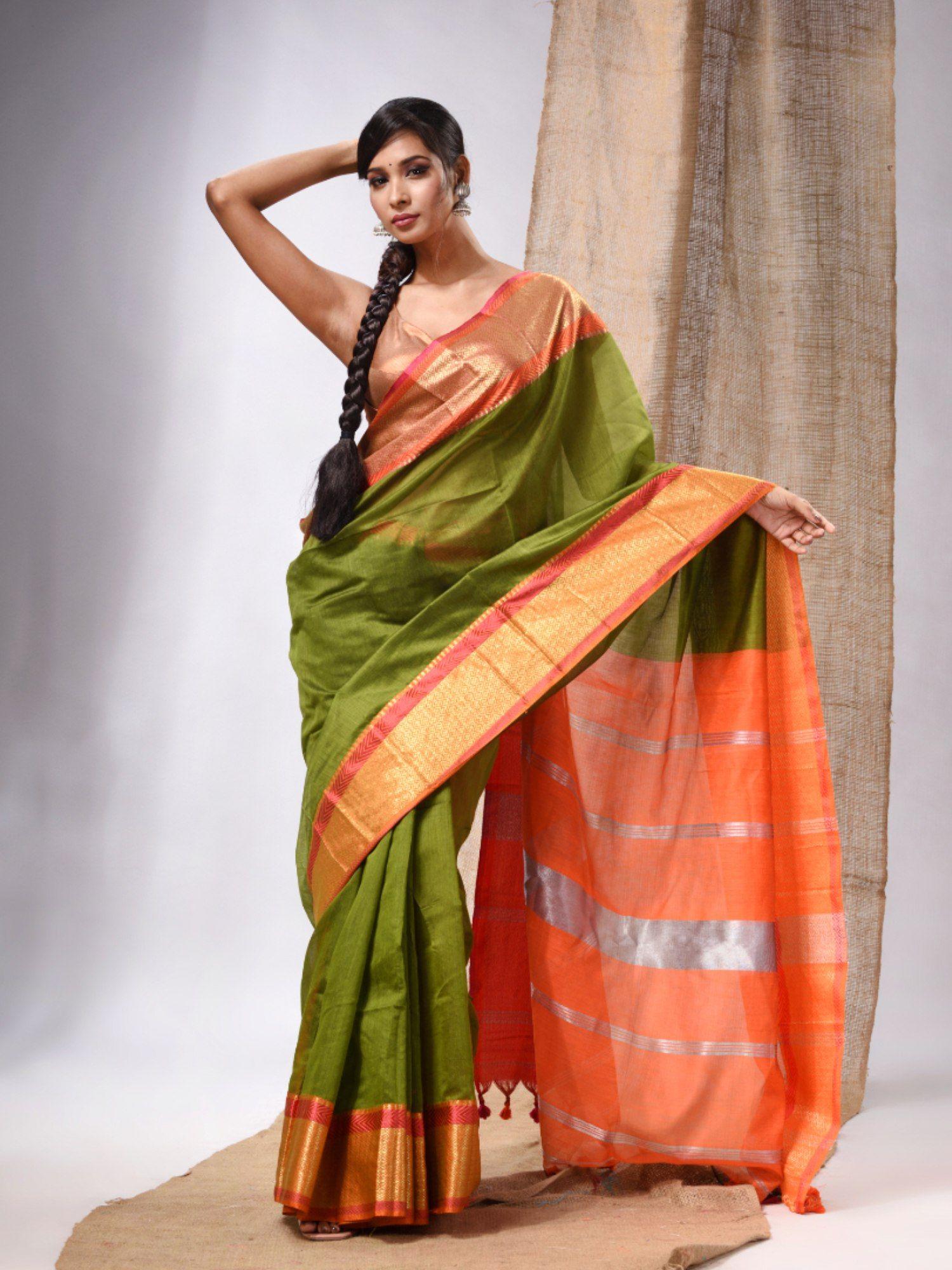 sap green cotton silk handwoven saree with stripes pallu & unstitched blouse