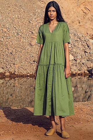 sap green khadi tiered midi dress