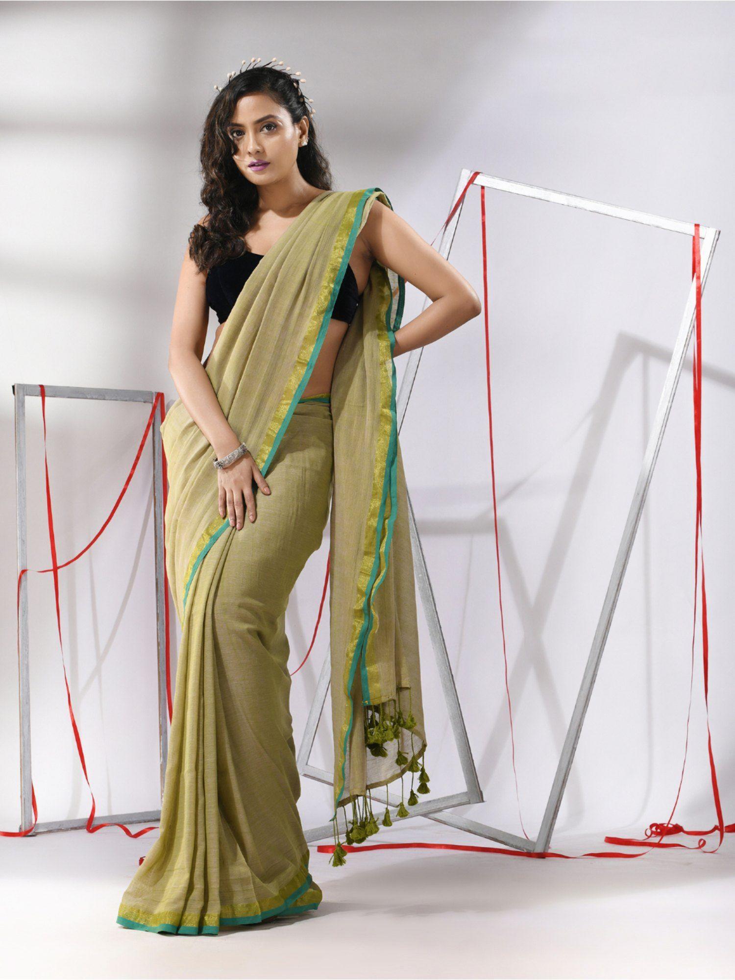 sap green soft cotton zari border saree with unstitched blouse