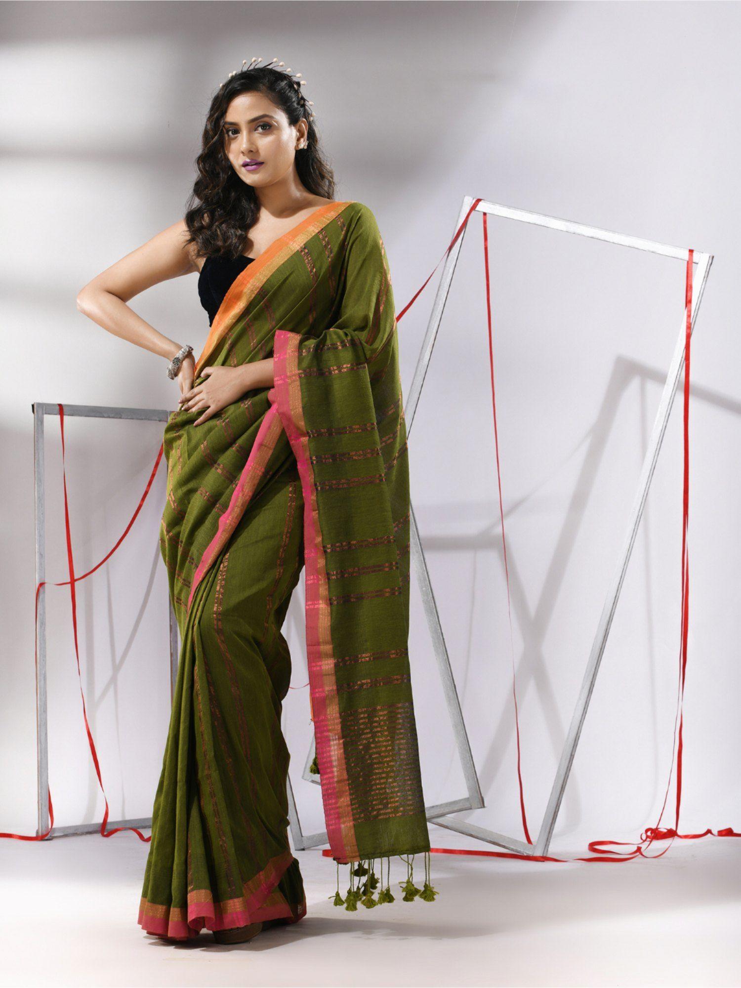 sap green soft cotton zari stripe designs saree with unstitched blouse