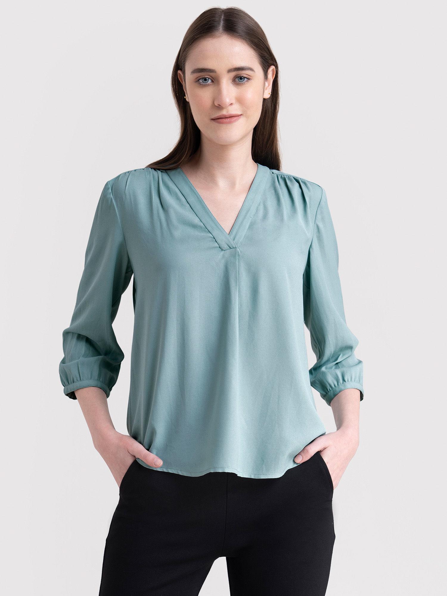 sap green v neck pleat detail top