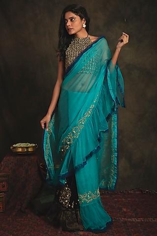 sapphire blue & turquoise hand embroidered pre-stitched saree set