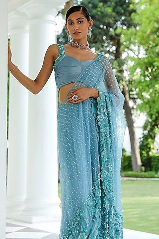 sapphire blue sheer organza cutdana hand embroidered pre-stitched saree set