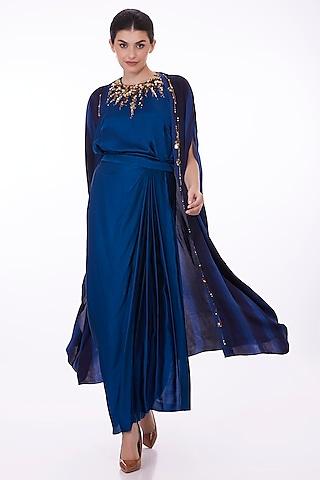 sapphire blue blended satin embellished tie-dye cape set