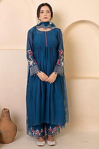 sapphire blue chanderi cotton hand embroidered straight kurta set