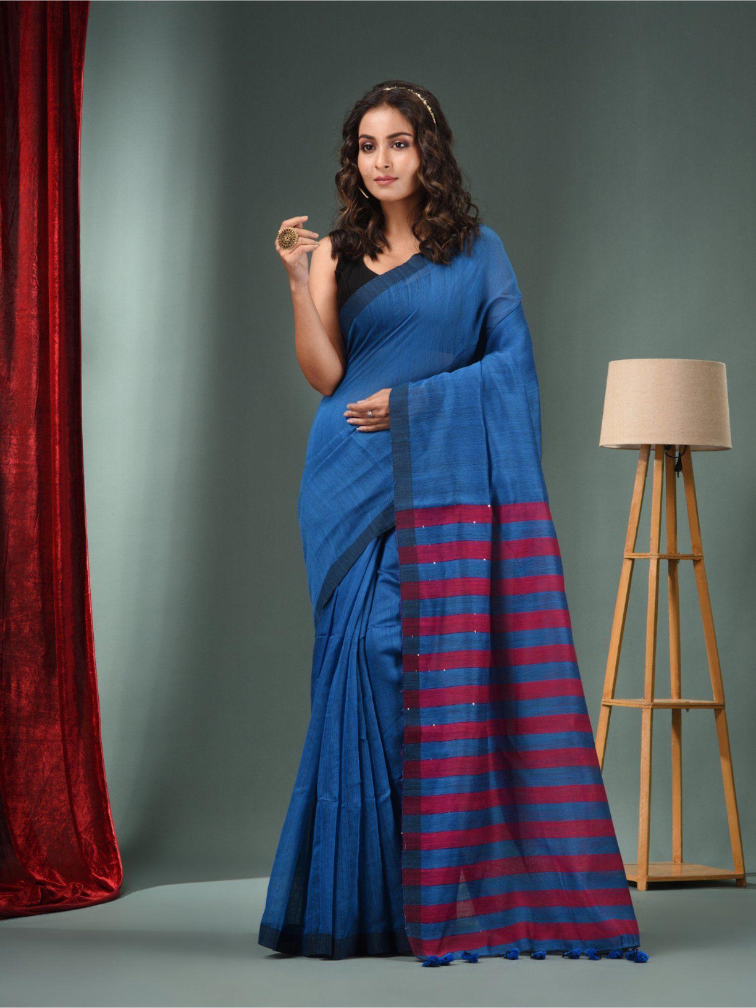 sapphire blue cotton blend handwoven saree with stripes pallu & unstitched blouse