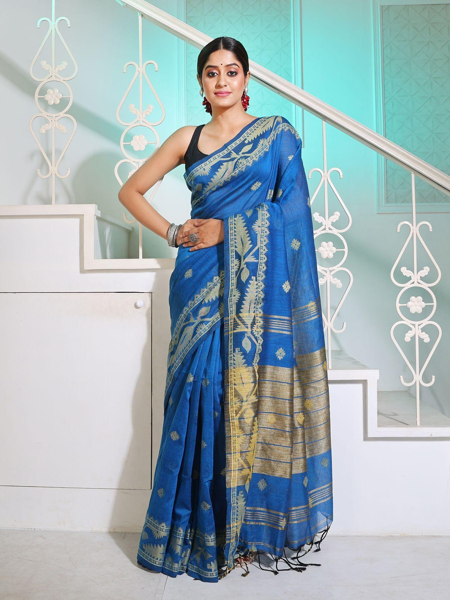 sapphire blue cotton handspun saree with woven jamdani borders with unstitched blouse