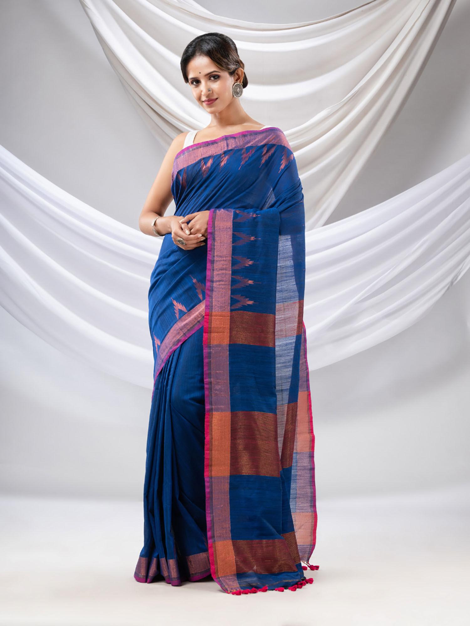 sapphire blue cotton handwoven saree with zari borders with unstitched blouse