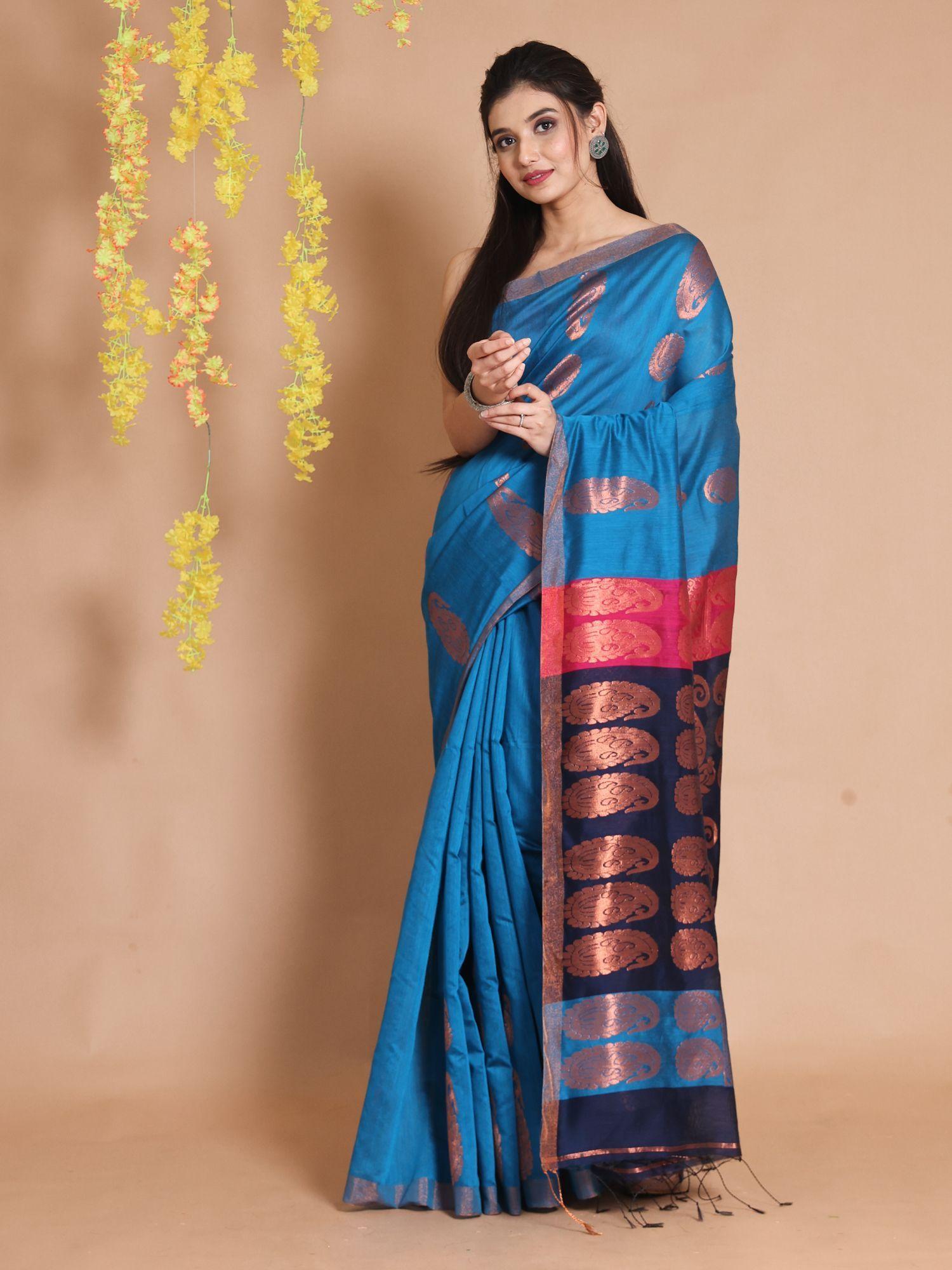 sapphire blue cotton zari paisley designs handwoven saree with unstitched blouse