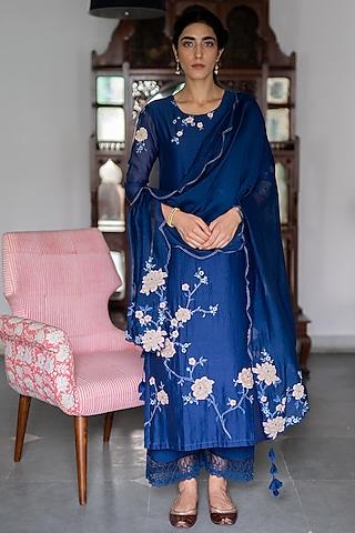 sapphire blue floral embroidered kurta set