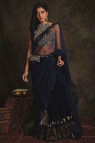 sapphire blue hand embroidered pre-stitched saree set