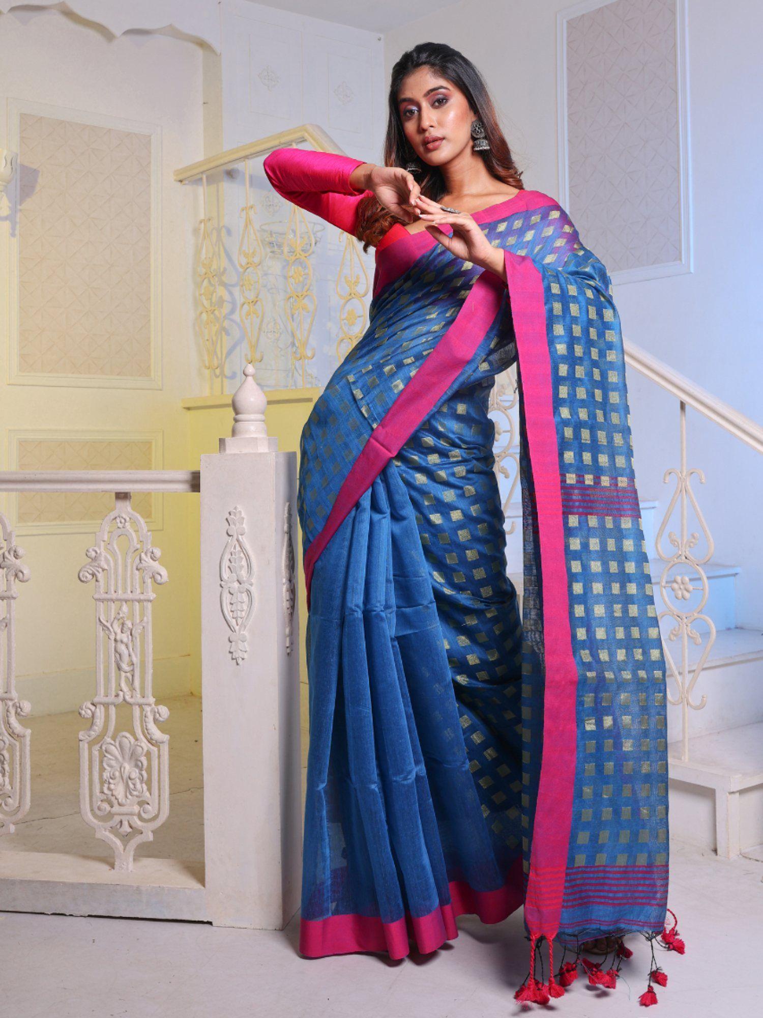 sapphire blue handwoven cotton blend soft saree with unstitched blouse