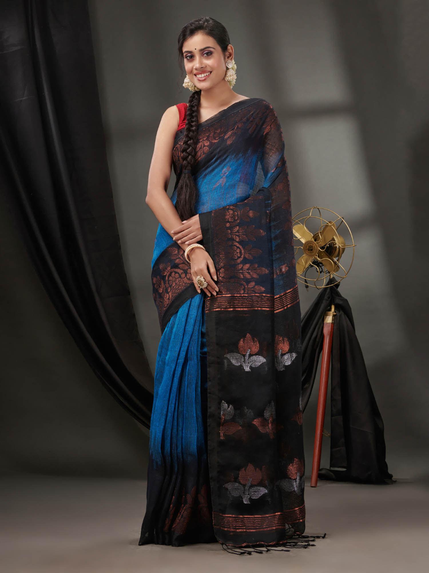 sapphire blue linen handwoven saree with nakshi borders & unstitched blouse