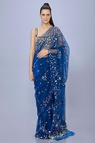 sapphire blue net floral saree