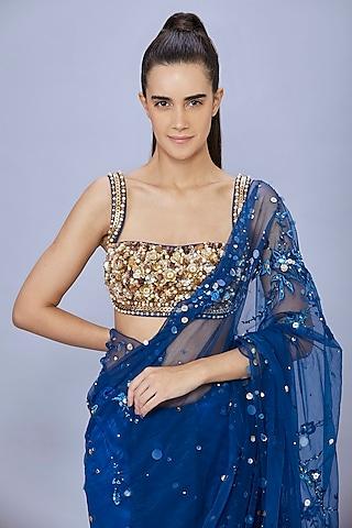 sapphire blue net gold embroidered blouse