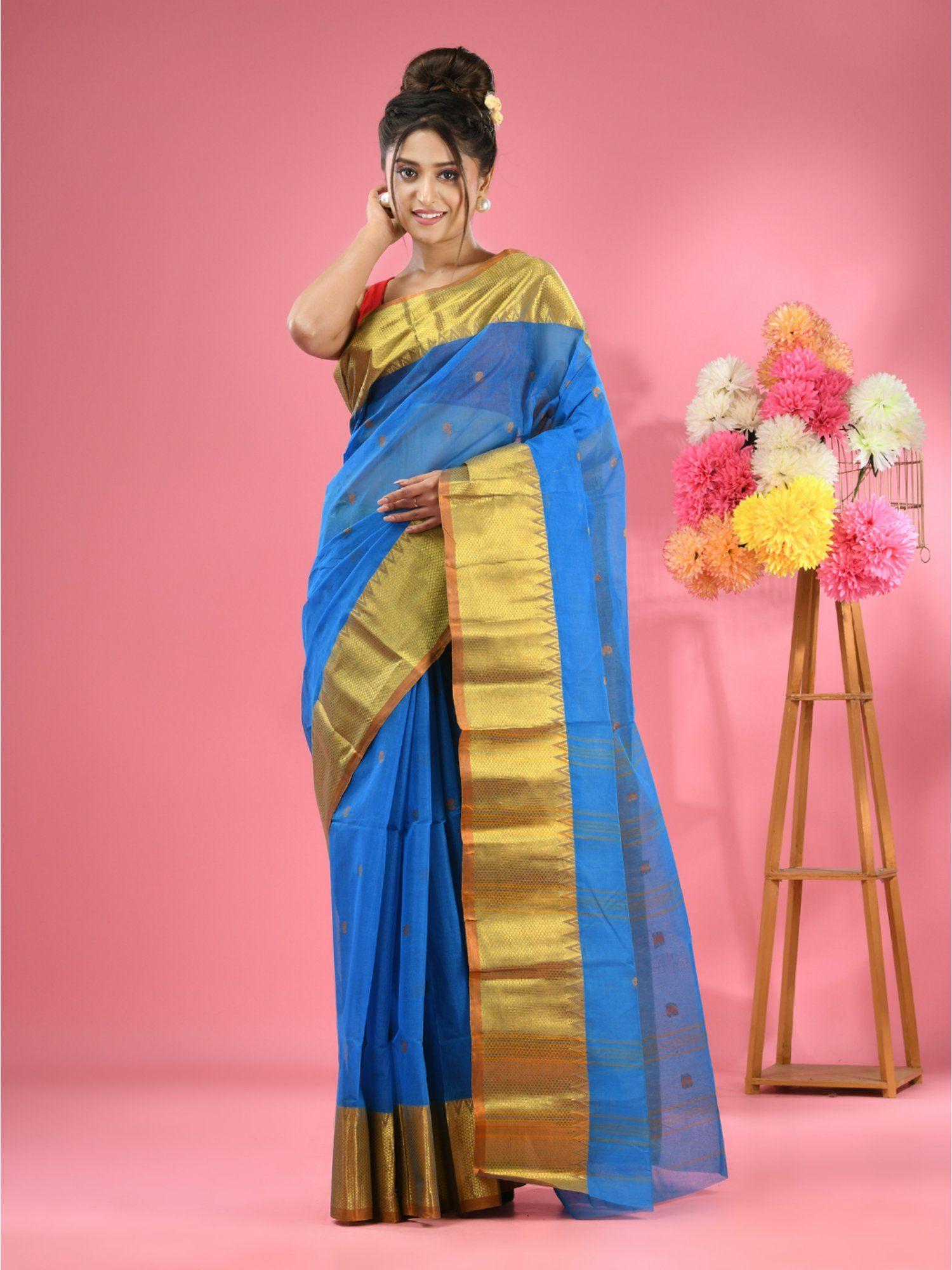 sapphire blue pure cotton tant zari border saree without blouse